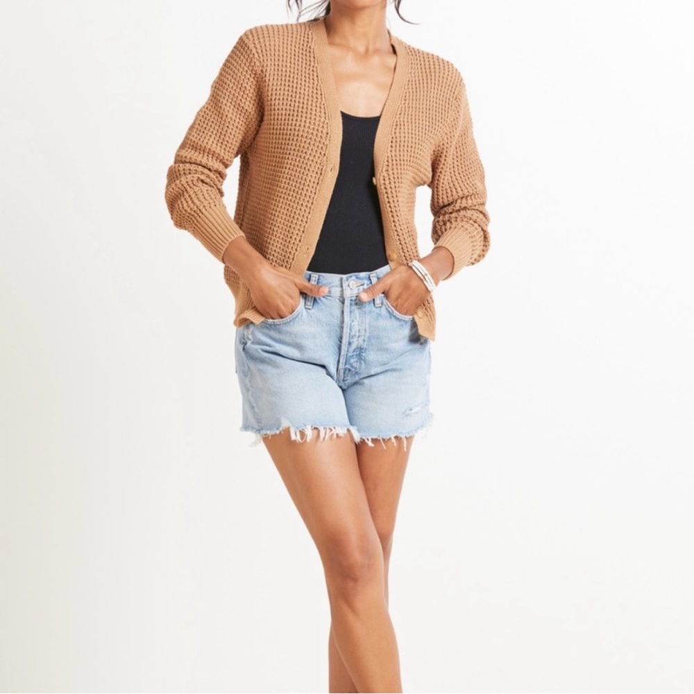 JOHN + JENN V NECK CARDIGAN IN CAMEL
